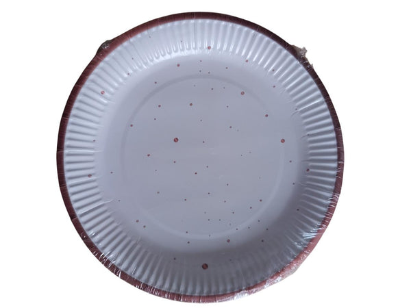 Papirnati krožnik - bel z roza gold robom in pikice