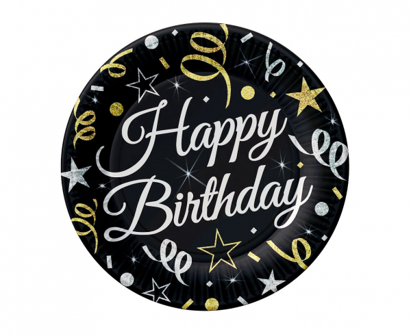 Papirnati krožniki - Happy Birthday, črna barva, 6kom, 18cm
