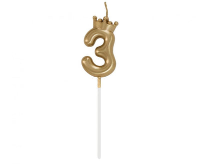 Svečka št. 3 s kronico – zlata kronca, 6 cm - Mojbalon