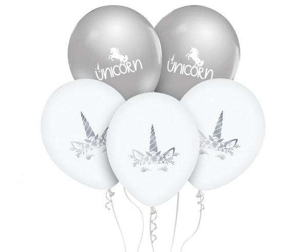 Baloni iz lateksa, Unicorn, bele in srebrne barve, 30cm