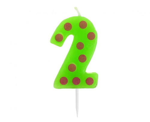 Svečka za torto številka 2 – zelena s pikami, 6 cm