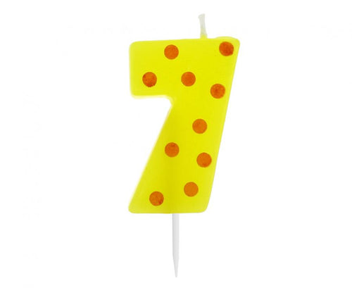 Svečka za torto številka 7 – rumena s pikami, 6 cm