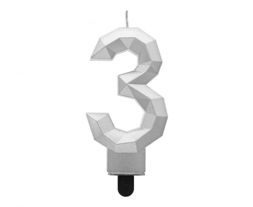Svečka za torto številka 3 – Diamond, srebrna, 7,6 cm
