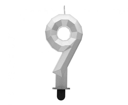 Svečka za torto številka 9 – Diamond, srebrna, 7,6 cm