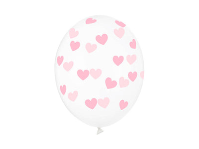 Baloni iz lateksa s srčki, prozoren roza barva, 30cm, 6 balonov