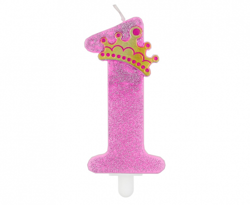 Svečka za torto številka 1 – roza, glitter