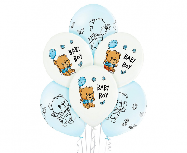 Baloni iz lateksa Baby boy medvedek, modra barva, 30cm, 6 balonov