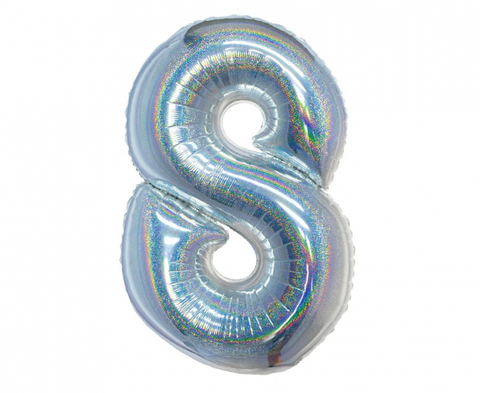 Balon za rojstni dan številka 8, srebrna holografska barva