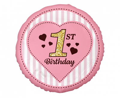 Balon folija - 1st Birthday, roza barva