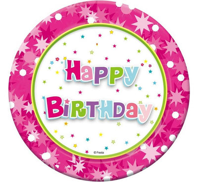 Papirnati krožniki -Happy Birthday, 18cm, roza barva