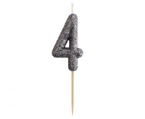 Svečka za torto številka 4 – Glitter Black, 11,5 cm