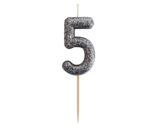 Svečka za torto številka 5 – Glitter Black, 11,5 cm