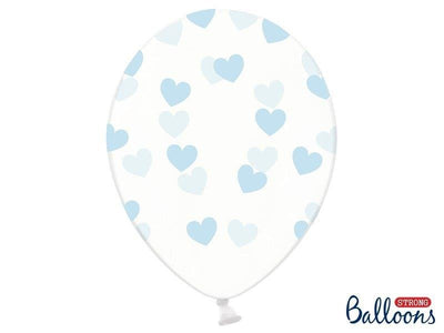 Baloni iz lateksa s srčki, prozoren modra barva, 30cm, 6 balonov