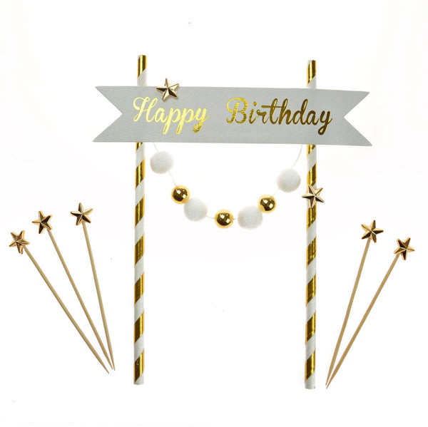 Topper za torto - Happy Birthday, zlata barva