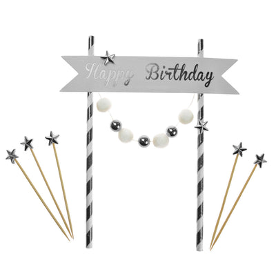 Topper za torto - Happy Birthday, srebrna barva
