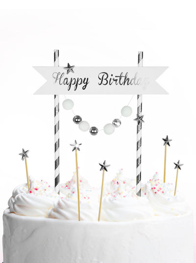 Topper za torto - Happy Birthday, srebrna barva