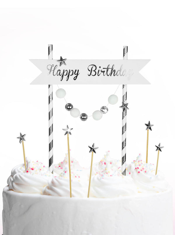 Topper za torto - Happy Birthday, srebrna barva